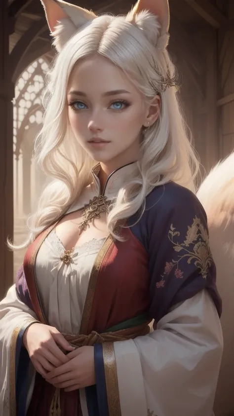 a beautiful kitsune girl, intricate ultra-realistic eyes, fluffy white hair, adorable fox ears and tail, extremely detailed eyes and face, long eyelashes, beautiful detailed eyes, beautiful detailed lips, high quality, stunning, soft lighting, fantasy, mag...