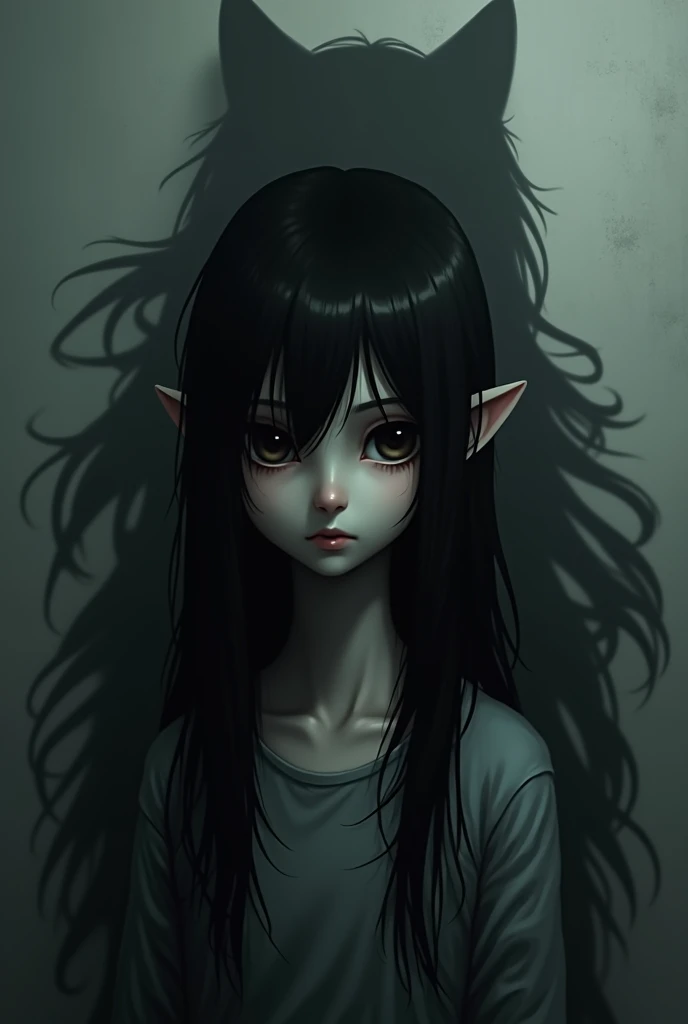 A mysterious image of a girl with dark, piercing eyes, long black hair and kitten ears and a big scary shadow behind her, symbolizing revenge and the secret it hides.
Put a title: The shadow behind Mishi&#39;s eyes Authors: Clown Group


