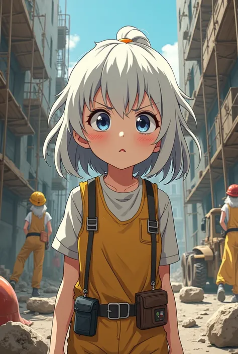 Draw Anya Forjer working in construction and she is very exhausted anime style even with white hair
