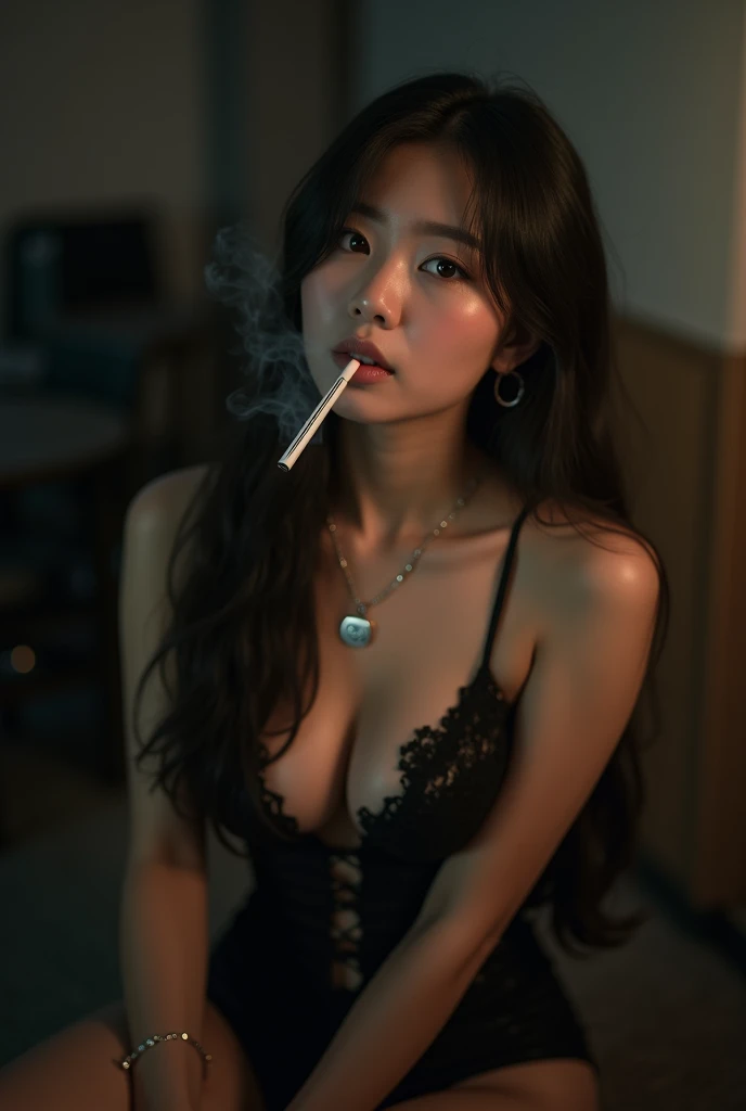 A young thai woman with long dark hair, wearing a black lace top ((very large breast)) and a silver necklace, sits in a dimly lit room,Smoking an electronic cigarette that emits smoke, hand hold electronic cigarette near her lip , her eyes Looking at the c...