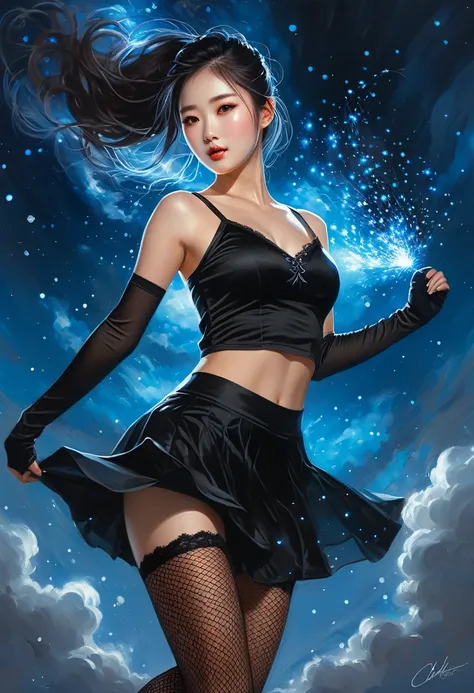 painting of beautiful female korean cheerleader , black mini skirt, lace dark attire, unbuttoned black Camisole, fingerless glove, fishnet tights, hair toss pose, clouds and nebula as background, floating glowing blue sparks, strong breeze, steam, charlie ...