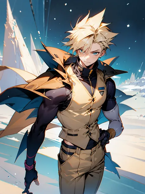 1male, spiky hair, goggles, vest, beige pants, snow area