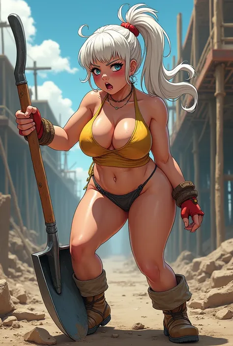 Draw Anya Forjer working in construction and she is very exhausted anime style, make her with white hair, make her more voluptuous, more sexy, she is with a shovel working in construction
