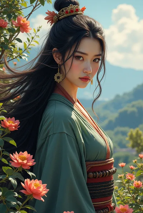 eyes so beautiful and her hair long she was the most beautiful samurai in the middle of the flowers and a beautiful landscape