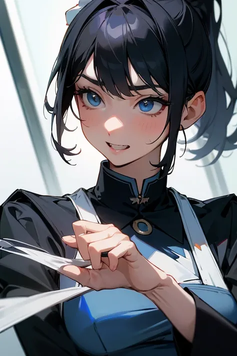 (Highest resolution clear_image) Best Quality, single, One Woman, Alone, masterpieceHighly detailed, Somewhat realistic, Black Hairのショートヘア, Black Hair, bangs, 1, Mature, light blue Uniform, Uniform, Indoor Background, kind, Authoritative, Powerful, Exquisi...