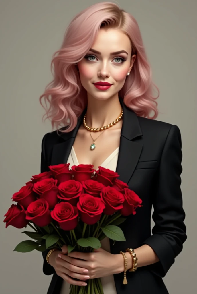 Femme aux cheveux rose pale, ondulés, style européenne, habillé avec une veste de blasers noir et un haut creme, portant un gros bouquet de roses rouge, elle porte un collier en or ainsi que des bracelets en or egalement, mode portrait, photo réaliste