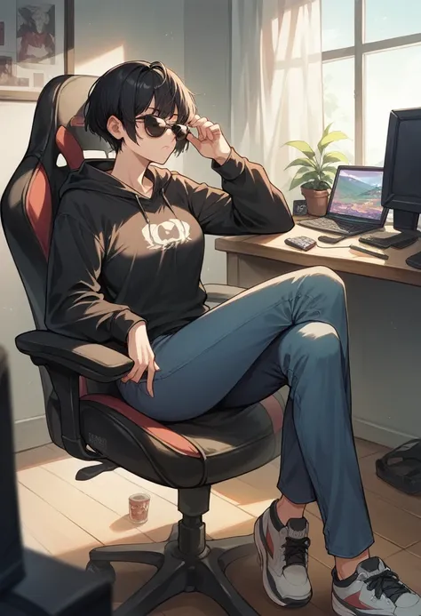 woman,Short Hair,Black Hair,Black hoodie,Long trousers,sunglasses,Inside the room,Sitting in a gaming chair,Sitting with legs crossed
