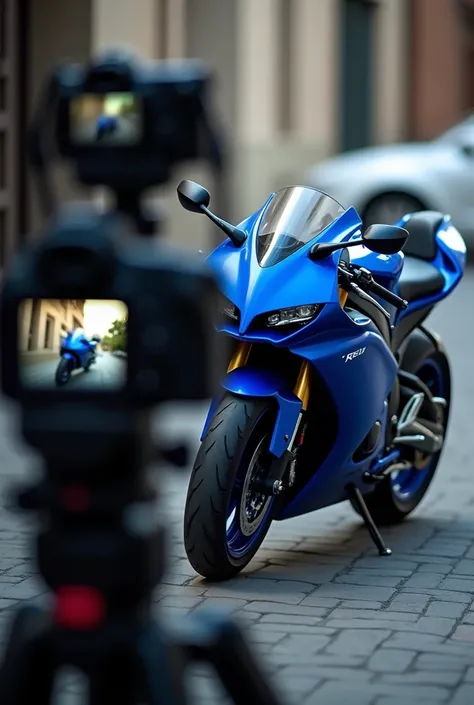 Image of a motorcycle that can be seen on the small screen of a camera but where you can see the camera and the blue 2002 R6 motorcycle from the front