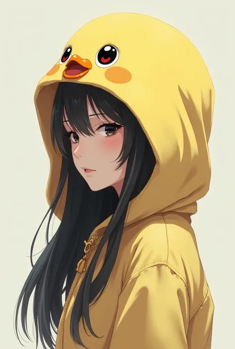 Realistic anime girl with clothing and hood and on the hood the face of a yellow chick with big and tender eyes with a very pretty face with a red mouth and long black hair in profile with a flirtatious look enlarged image