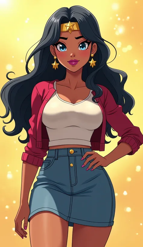 (Close up), ((Diana from DC Super Hero Girls 2019)), Diana is a beautiful and tan-skinned young Amazonian demigod with an athletic and fit hourglass figure, thick black eyebrows, sky-blue eyes and long, wavy, classic-length navy-blue hair with lighter stre...