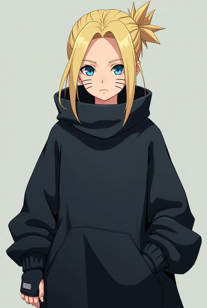 Create a Naruto oc Create a blonde girl with blue eyes, that he has a mustache on his cheeks like Naruto that he has oversized dark colored clothing and on his left hand a fingerless glove