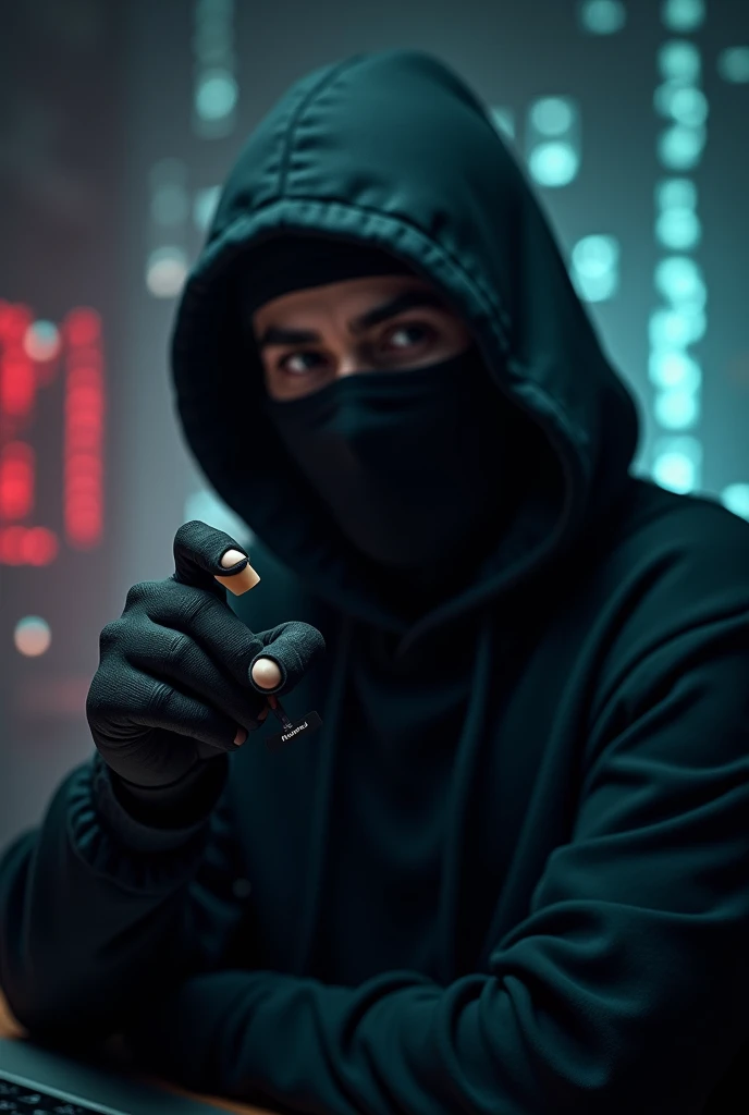 a man wearing a hood and a black balaclava, smoking cigarette with the name forbidden written on it and a hacker background on the side or behind