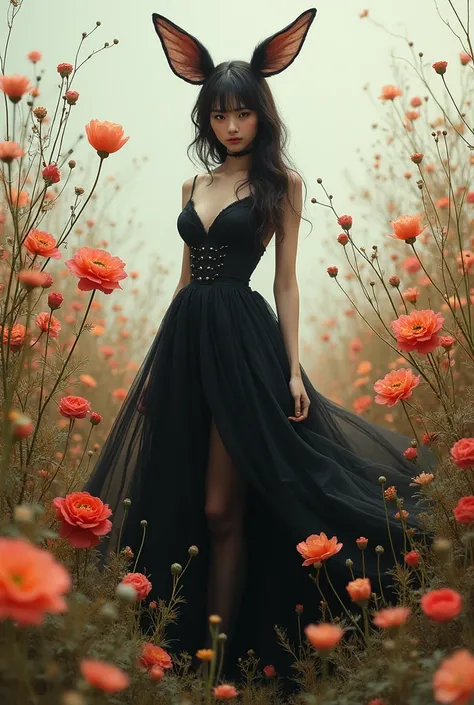 (masterpiece), (best quality), (highly detailed),black pantyhose, skirt, ears,standing,  flower field,