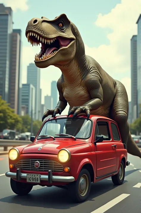 Make a Tyrannosaurus Rex driving a Fiat Uno