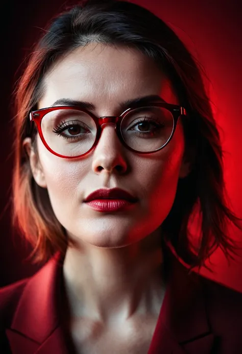 (a Woman with glasses Dramatic portrait:1.3) using different tones of (red:1.2), capturing (intense emotions:1.3) and a (strong presence:1.2).