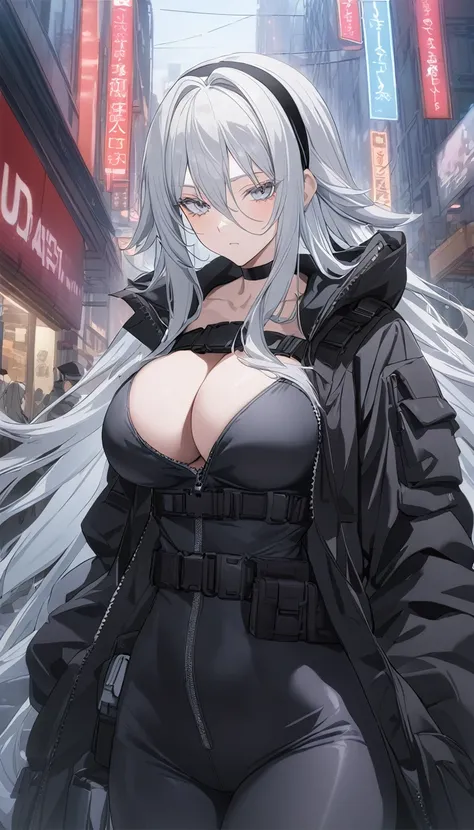 sovetsky_Soyuz, grey hair, long hair, oversized white tactical jacket, unzipped, black short pants, hair band, chest plate, leggings, choker, webbed belt, tactical, pouches, blue strap, large breasts, first rate breasts, grey eyes, sharp eyes, Long eyelash...