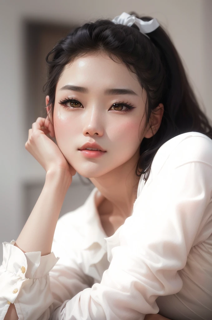 there is a woman that is sitting down with her hand on her chin, cute korean actress, young adorable korean face, iu lee ji-eun as a super villain, iu, wan adorable korean face, with cute - fine - face, beautiful young korean woman, girl cute-fine-face, fe...