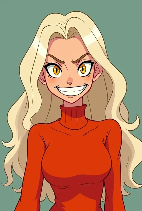 young cartoon woman with long blonde and white hair, solid yellow eyes wearing a red sweater, cartoon 2d animation, grinning, light brown eyebrows, slightly evil 