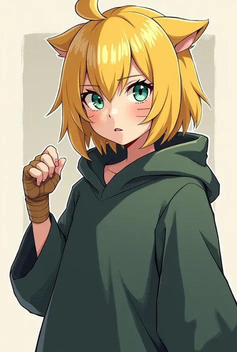 Create a Naruto oc Create a  blonde girl with aqua green eyes, that he has a mustache on his cheeks like Naruto that he has oversized dark colored clothing and on his left hand a fingerless glove