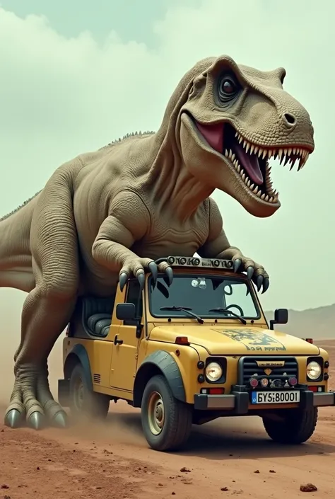 Make a Tyrannosaurus Rex driving a Uno inside it