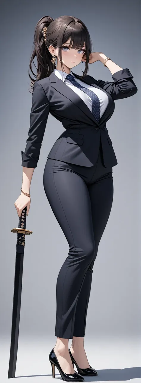 ((masterpiece)), ((high quality)),((ultra-detailed)), ((extremely detailed)),4k,8k, wearing navy pants suit, 2, in office suit, ...