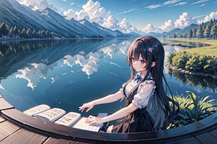 ((Highest quality)), ((masterpiece)), (detailed),(High resolution:1.2),((Girl playing piano)),mysterious,lake,((dynamic)),(Mitsuro Kubo:1.1),(Detailed cloudscape:1.3)