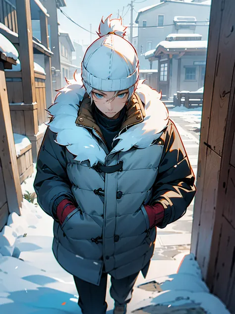 1male, old, age lines, puffer jacket, walking through snowy town, beanie