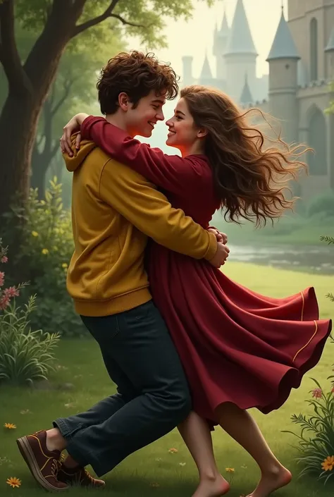 Cedric Diggory (Robert Pattinson younger) in a Hufflepuff uniform with a brown-haired girl in a Gryffindor uniform playing around