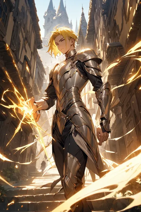 ((masterpiece), best quality, high quality, professional quality, highly detailed, highres, perfect lighting, natural lighting), (1boy, slender, handsome, goatee, short hair, yellow hair), wearing silver armor,fantasy paradin, casting a spell, in a fantasy...