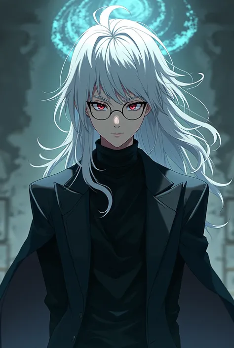 A jujutsu kaisen style character with white hair, round glasses and a black jacket.