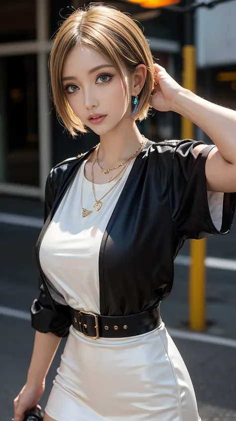 1 Girl、solo、masterpiece,highest quality,High resolution,Very detailed, (Oil skin:1.3, Glowing wet Skin、Detailed skin texture、 jewelry, accessories、Colorful contact lenses:1.3, necklace,White yellow pixie short hair:1.2)、Move the camera a little further awa...