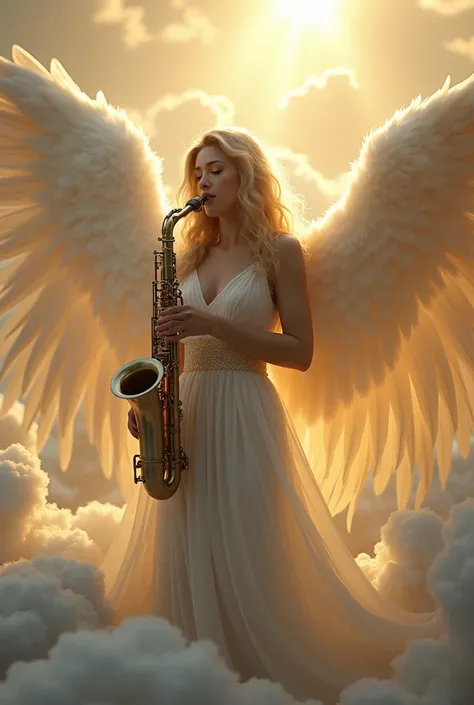 An angel with black skin and blond hair in the middle of clouds and sunbeams playing a saxophone 