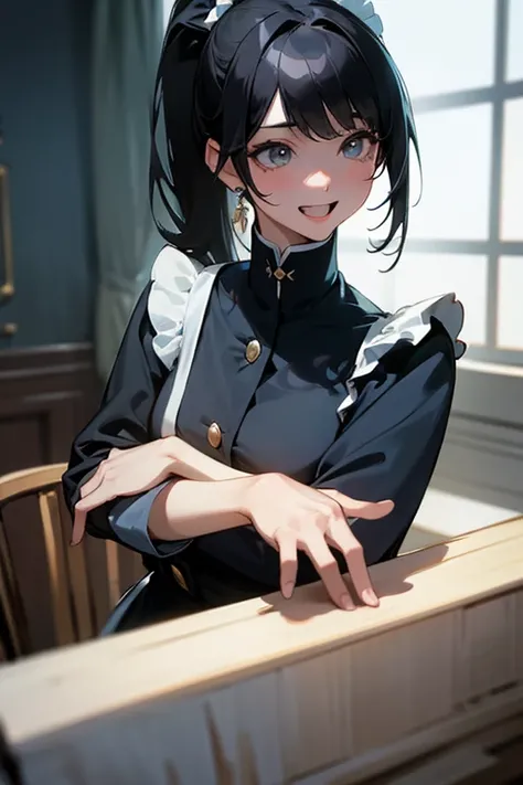 (Highest resolution clear_image) Best Quality, single, One Woman, Alone, masterpiece, Very detailed, Somewhat realistic, Black Hairのショートヘア, Black Hair, bangs, 1, Mature, light blue Uniform, Uniform, Indoor Background, kind, Authoritative, Powerful, Exquisi...