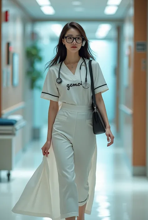 A stunning high-quality photograph of a Korean woman exuding elegance and sophistication.  She wear outer jaz a nurse and  stetoskop on neck,She dons a pair of black cat-eye glasses, a stylish top adorned with the word "gemoi", and a long, flowing skirt. W...