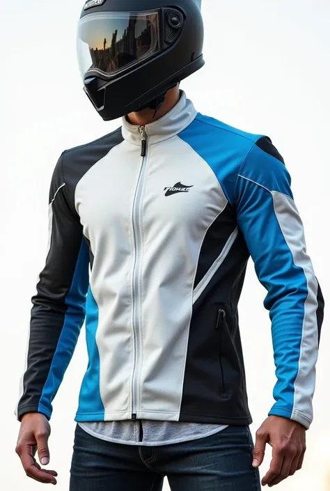 A long-sleeved motorcycle shirt with white colors, black and light blue 
