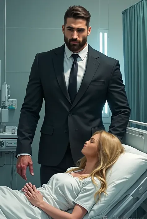 tall muscular short haired black suit man with short beard next to bed in hospital where lying is young blonde long haired woman smiling at him