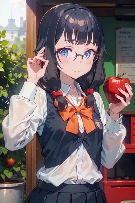 1girl,apple,bangs,black-framed eyewear,black hair,blue bow,blue eyes,blue hair,blueberry,blush,bow,bowtie,cherry,closed mouth,collared shirt,food,fruit,glasses,holding,holding food,holding fruit,long hair,long sleeves,looking at viewer,medium hair,orange (...