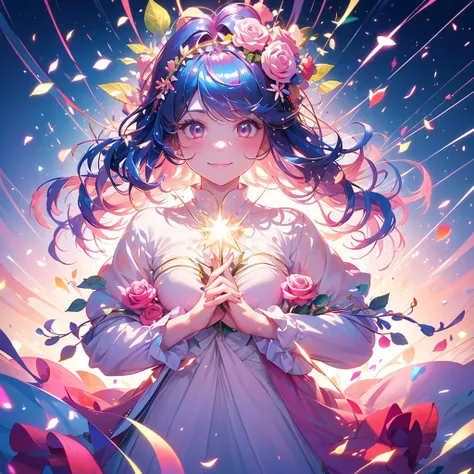 masterpieceAnatomically correct, Best Quality, High resolution, Rose flower person、Rose Fairy、Rose Costume、Surrounded by roses、A gentle gaze、A kind smile,Blue Hair/Pink gold hair, smile, Sparkle Effect, ((One Girl)),(( Alone)), 