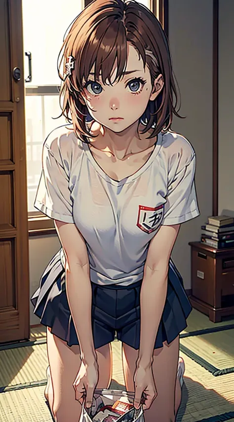 stand、pick up something that has fallen、slouch、misaka＿mikoto、slouch、japanese-style room、shirt