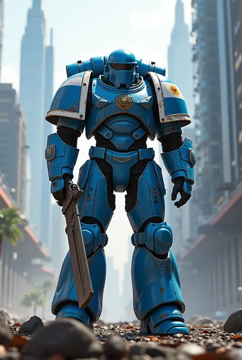 (photorealism:1.2), (Warhammer 40k), argentinean astartes primaris, argentinean spacemarine, argentinean astartes spacemarine primaris, Argentina flag in the showlder, in a beautyfull futuristic city,