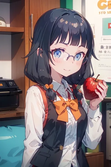 1girl,apple,bangs,black-framed eyewear,black hair,blue bow,blue eyes,blue hair,blueberry,blush,bow,bowtie,cherry,closed mouth,collared shirt,food,fruit,glasses,holding,holding food,holding fruit,long hair,long sleeves,looking at viewer,medium hair,orange (...