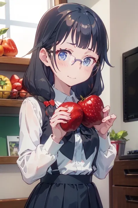 1girl,apple,bangs,black-framed eyewear,black hair,blue bow,blue eyes,blue hair,blueberry,blush,bow,bowtie,cherry,closed mouth,collared shirt,food,fruit,glasses,holding,holding food,holding fruit,long hair,long sleeves,looking at viewer,medium hair,orange (...