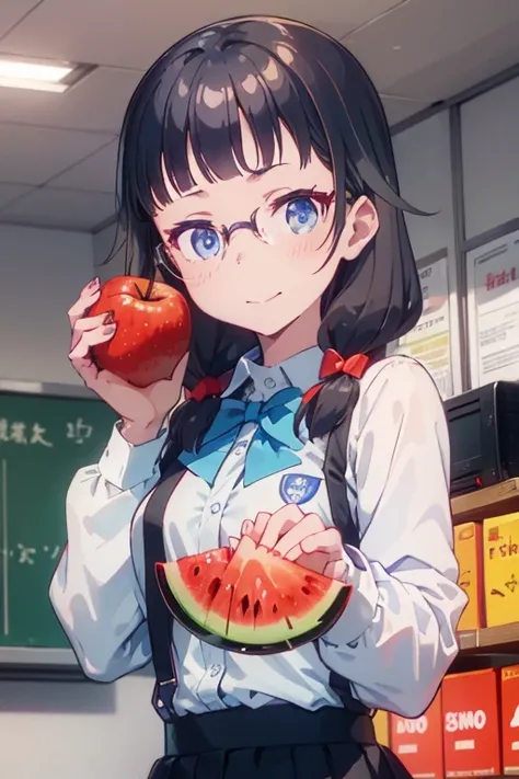 1girl,apple,bangs,black-framed eyewear,black hair,blue bow,blue eyes,blue hair,blueberry,blush,bow,bowtie,cherry,closed mouth,collared shirt,food,fruit,glasses,holding,holding food,holding fruit,long hair,long sleeves,looking at viewer,medium hair,orange (...