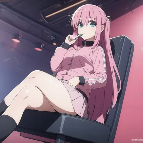 (masterpiece, best quality:1.2), 1girl, solo, sitting, crossed legs, shiny skin, thick thighs, focus in crossed legs, jacket, pink jacket, skirt, short skirt