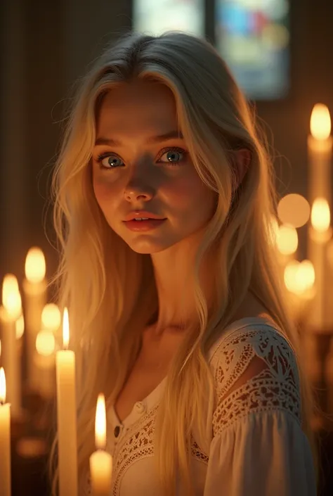 Church, candles, cute girl, blue eyes, blonde hair, eighteen, blue eyes, very skinny, short height, thin, (photorealistic 1.2), smiling, closed mouth, innocent, long hair, 