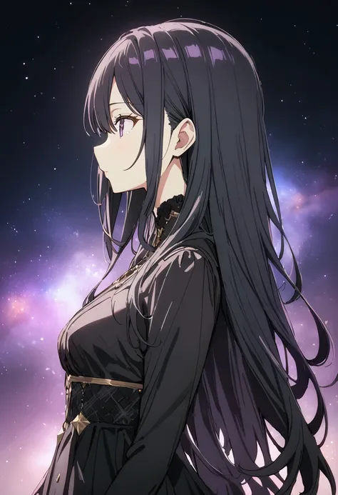 Best Quality　Masterpiece　Black Hair 　Long Hair　Rosidere　Kimishima Ayano medium breasts purple eyes　profile　nebula