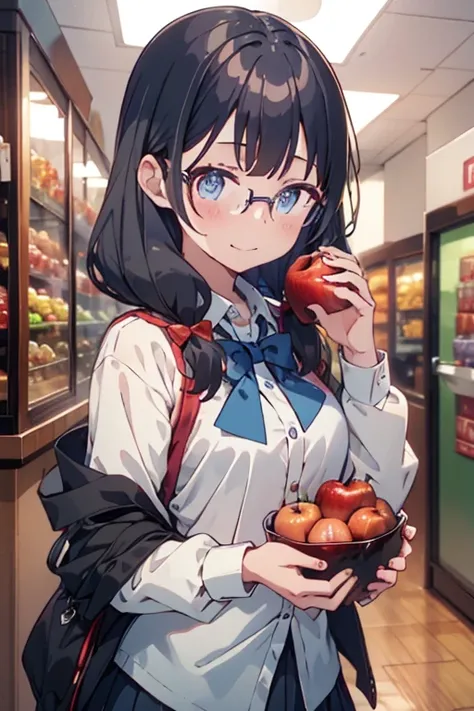 1girl,apple,bangs,black-framed eyewear,black hair,blue bow,blue eyes,blue hair,blueberry,blush,bow,bowtie,cherry,closed mouth,collared shirt,food,fruit,glasses,holding,holding food,holding fruit,long hair,long sleeves,looking at viewer,medium hair,orange (...