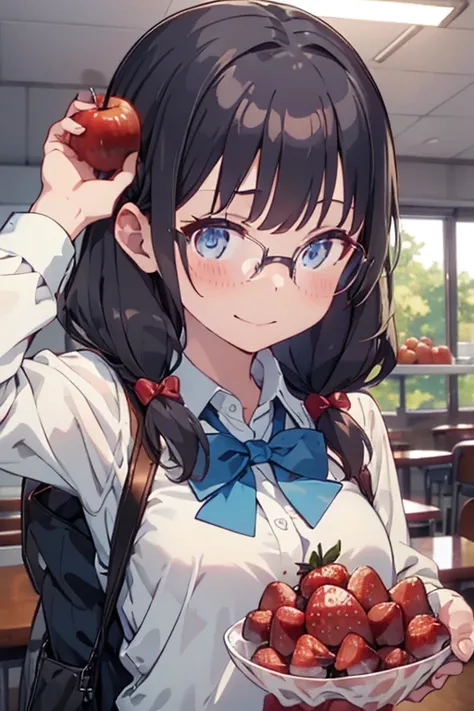 1girl,apple,bangs,black-framed eyewear,black hair,blue bow,blue eyes,blue hair,blueberry,blush,bow,bowtie,cherry,closed mouth,collared shirt,food,fruit,glasses,holding,holding food,holding fruit,long hair,long sleeves,looking at viewer,medium hair,orange (...