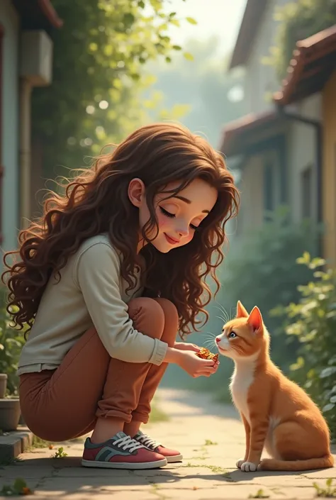 A brunette girl with curly hair feeding a stray cat 