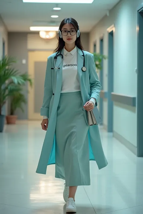 A stunning high-quality photograph of a Korean woman exuding elegance and sophistication.  She wear outer jaket jaz uniform nurse and  stetoskop on neck,She dons a pair of black cat-eye glasses, a stylish top adorned with the word "gemoi",  long skirt pant...